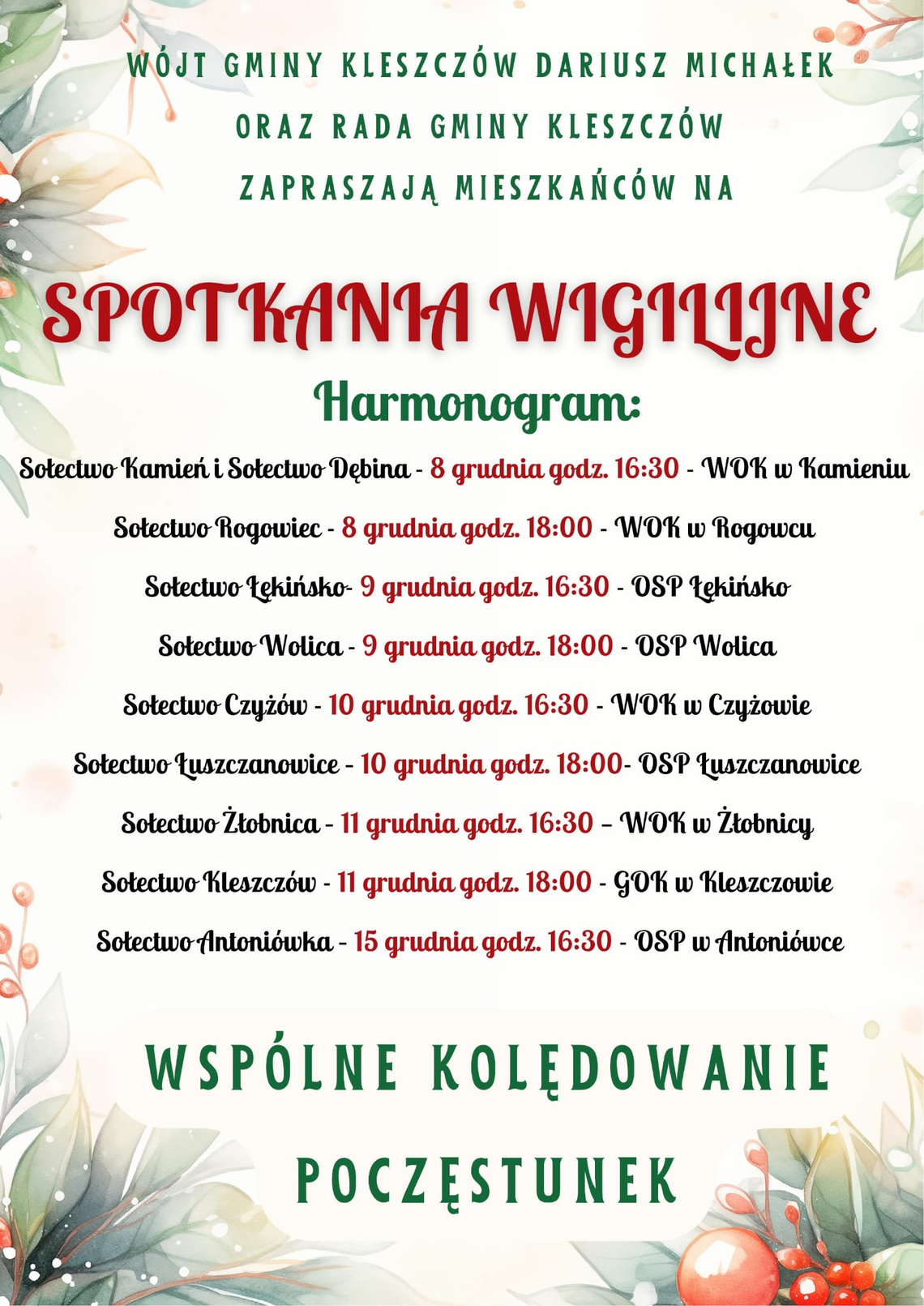 Spotkania Wigilijne w Gminie Kleszczów Spotkania Wigilijne w Gminie Kleszczów